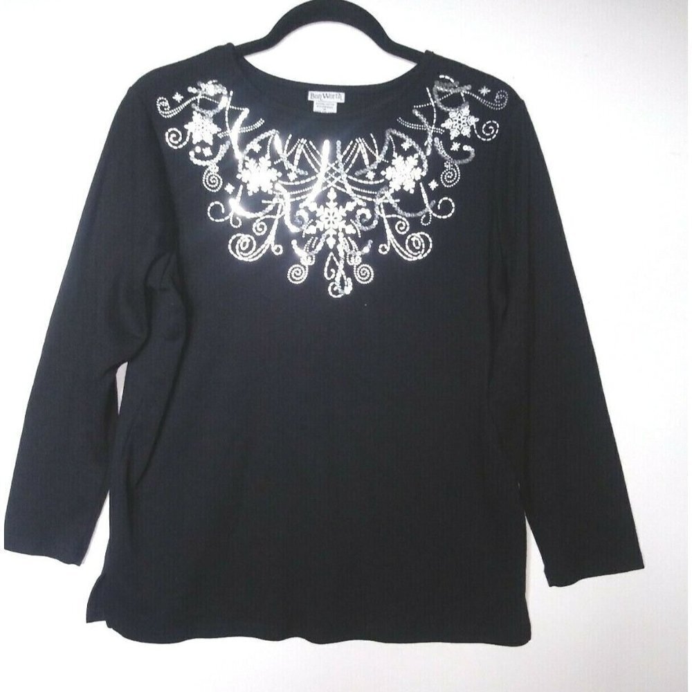 Womens Top Black Embellished snowflakes Sz PS/M/L pullover long sleeve BonWorth